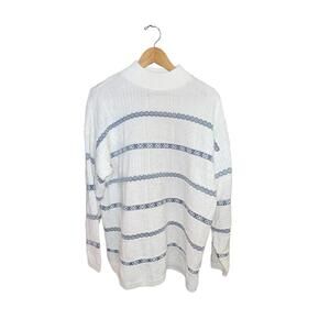 VTG 1980s Spunky Sweater White Blue Knit Mock‎ Neck Made in USA Retro Women's XL